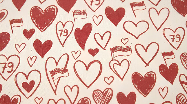 Seamless pattern of red hearts and Indonesian flags