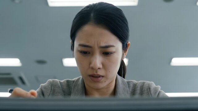 下を向いて不安そうな顔をしている女性