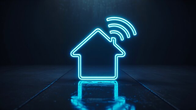 Glowing smart home icon with wireless signal representing connected house automation and digital technology