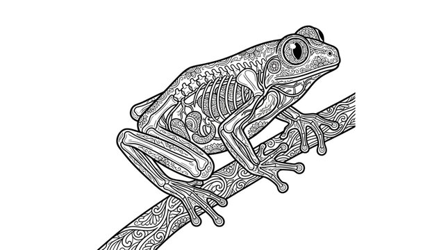 Tree frog on branch line art illustration.