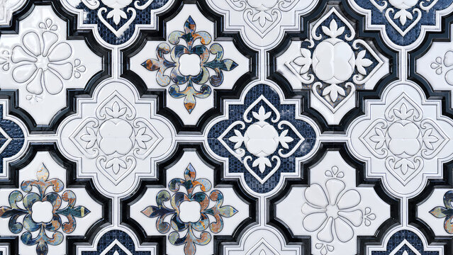 Luxury Blue and White Ornamental Ceramic Tile Pattern Background, Vintage Moroccan Geometric Wall Texture, Seamless Decorative Mosaic Design, High Resolution PNG