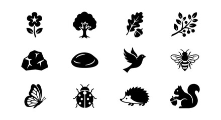 Obraz premium Nature Icons Set: Organic Elements, Wildlife, Flora, Fauna, Woodland Creatures, Vector Graphics