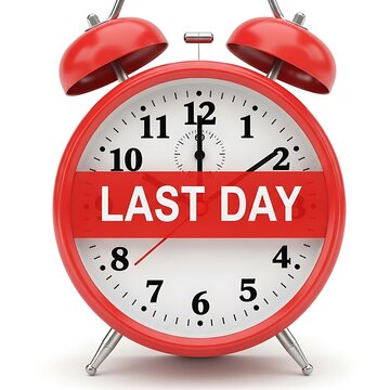 Red alarm clock displaying last day urgency with bold text