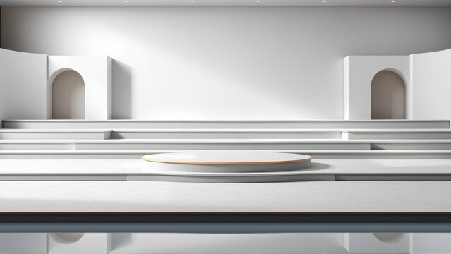 Minimalist stage design. White platform, circular pedestal, arched niches. Dramatic lighting creates modern presentation space.