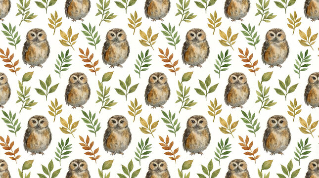 Seamless watercolor pattern with owls and leaves.