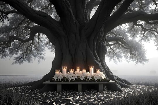 Trauer Kerzenaltar unter majest&auml;tischem Baum