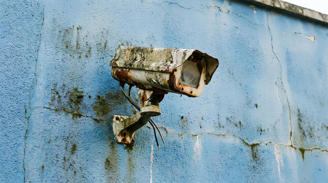 Old rusty security camera mounted on blue wall.