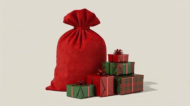 Red christmas gift sack with wrapped presents isolated on neutral background for holiday celebration