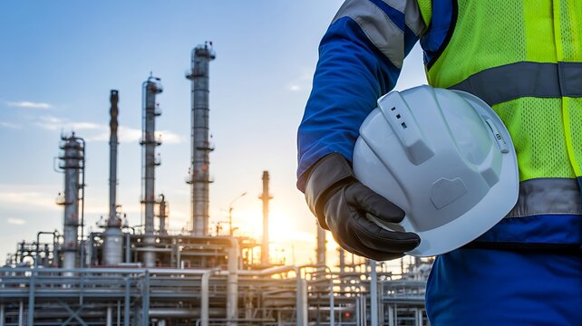 Industrial worker holding safety helmet at oil refinery representing engineering energy industry and workplace safety
