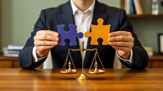 Business professional holding connected puzzle pieces above balance scale representing partnership law cooperation and business decision