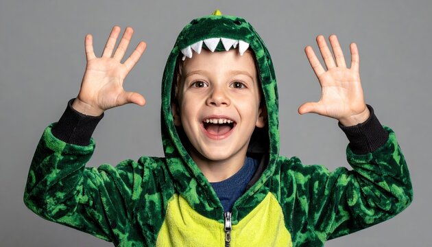 Boy wearing dinosaur hoodie pretending to roar