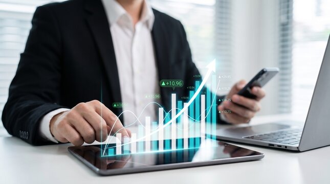 financial growth and investment analysis concept showing professional interacting with digital stock charts on tablet, rising market trends, data visualization, and wealth management strategy

