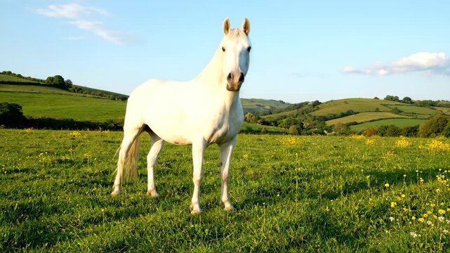 White horses on the grassland feed with their heads down, while white horses on the grassland forage leisurely