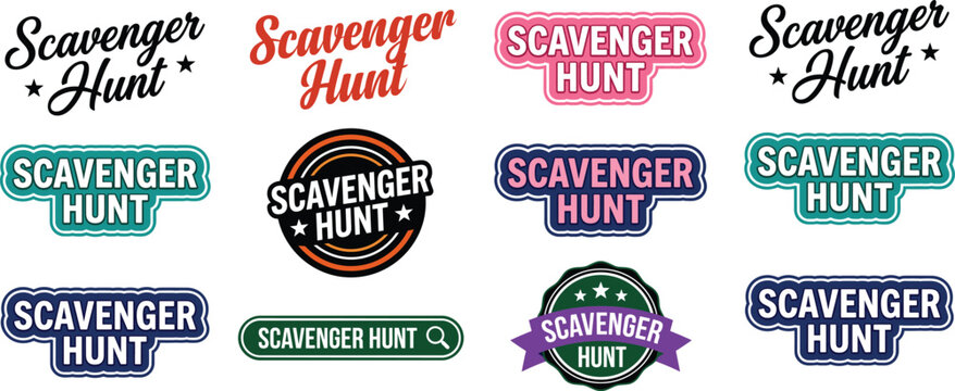 Scavenger hunt logo collection featuring colorful text designs, badges, and labels in various styles for event, game, and activity branding flat vector illustration