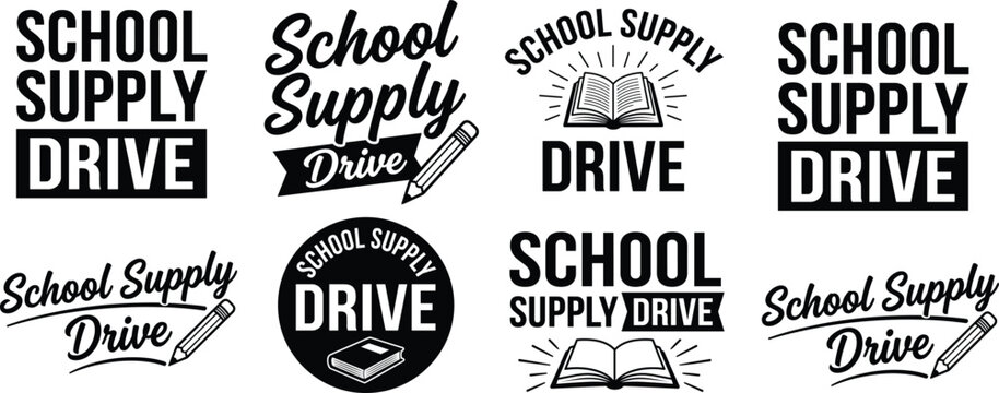 School supply drive logo collection featuring bold typography, badges, and emblem designs with pencil and book icons for education, charity, and donation concept flat vector illustration