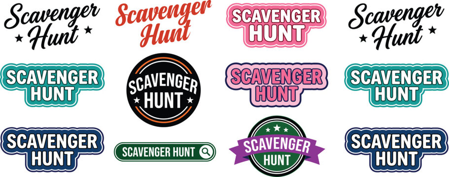 Scavenger hunt logo collection featuring colorful text designs, badges, and labels in various styles for event, game, and activity branding flat vector illustration