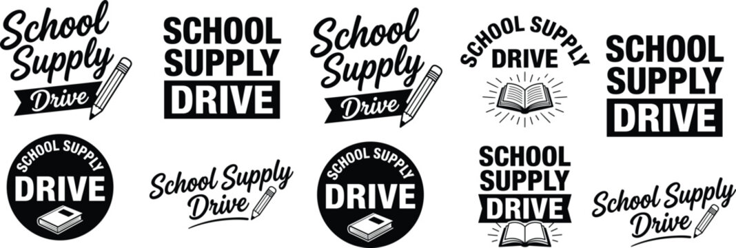 School supply drive logo collection featuring bold typography, badges, and emblem designs with pencil and book icons for education, charity, and donation concept flat vector illustration