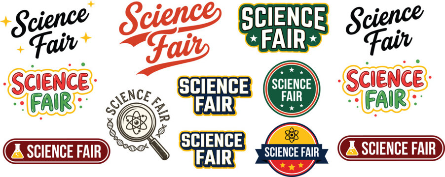 Science fair logo collection featuring colorful typography, badges, and emblem designs with atom and flask icons for education, experiment, and STEM concept flat vector illustration