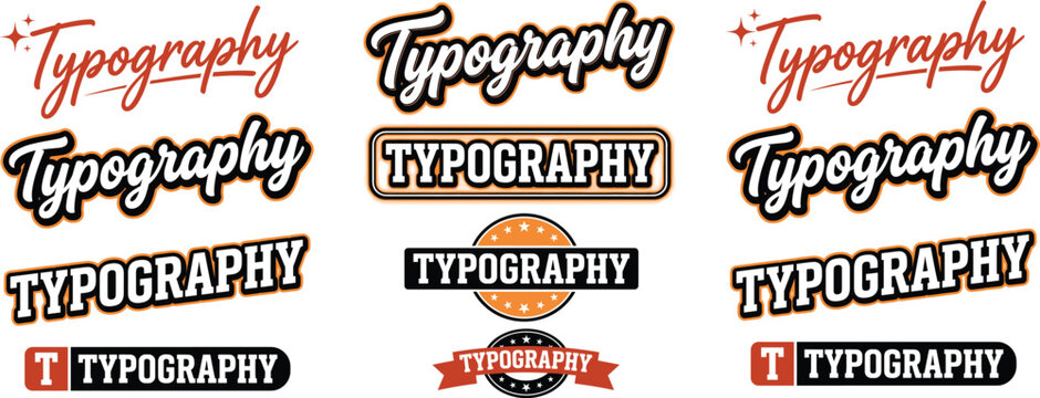 Typography logo collection featuring creative text designs, badges, and emblem styles in orange, black, and white for graphic design, branding, and lettering concept flat vector illustration