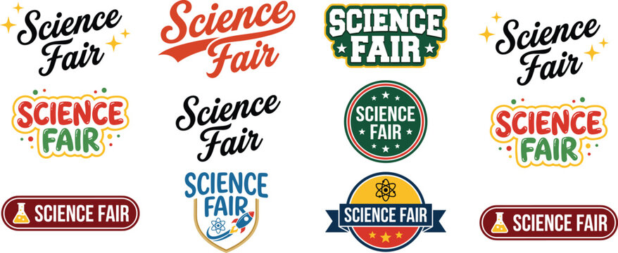 Science fair logo collection featuring colorful typography, badges, and emblem designs with atom, flask, and rocket icons for education, experiment, and STEM concept flat vector illustration