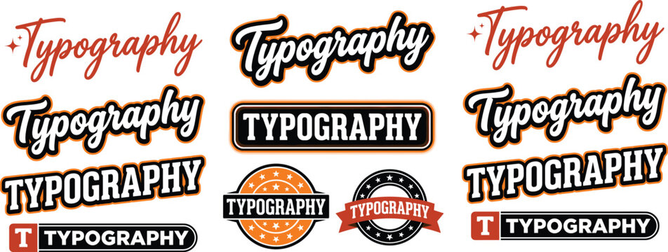 Typography logo collection featuring creative text designs, badges, and emblem styles in orange, black, and white for graphic design, branding, and lettering concept flat vector illustration