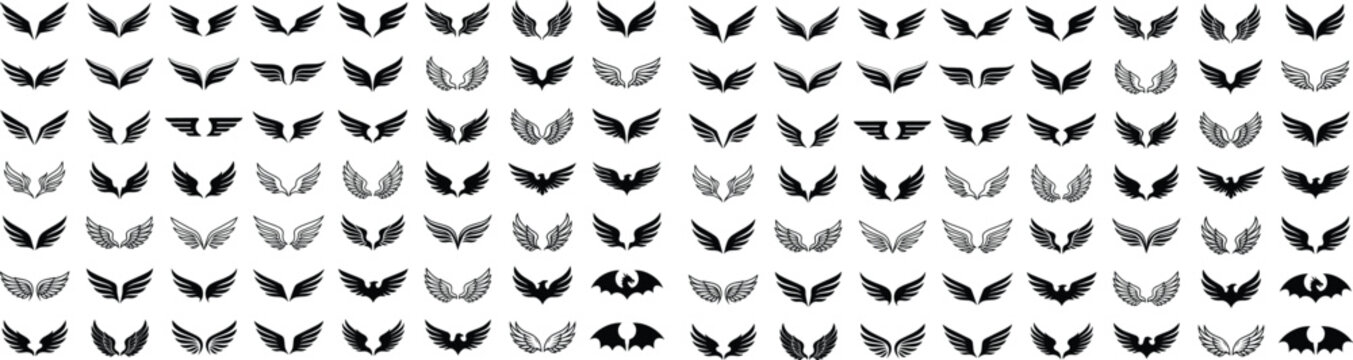 Wing icon collection featuring diverse black and white designs including bird, angel, and bat silhouettes for logo, tattoo, and graphic art concept flat vector illustration