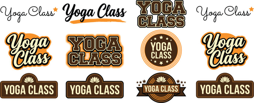Yoga class logo collection featuring elegant typography, badges, and lotus emblem designs in brown, orange, and black for wellness, fitness, and meditation branding flat vector illustration