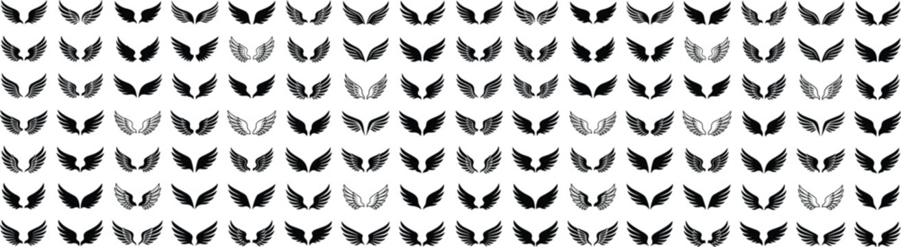 Wing icon collection featuring diverse black and white feather designs, bird and angel silhouettes for logo, tattoo, and graphic art concept flat vector illustration