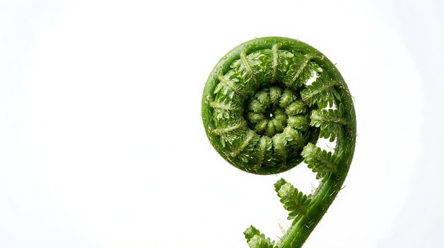 A close up view of a green fern fiddlehead unfurling against a white background.
