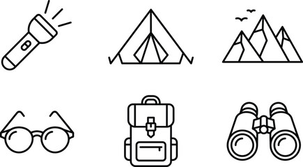 Outdoor exploration and survival camping linear icon set featuring tent mountains backpack flashlight binoculars and travel gear © AKTAR