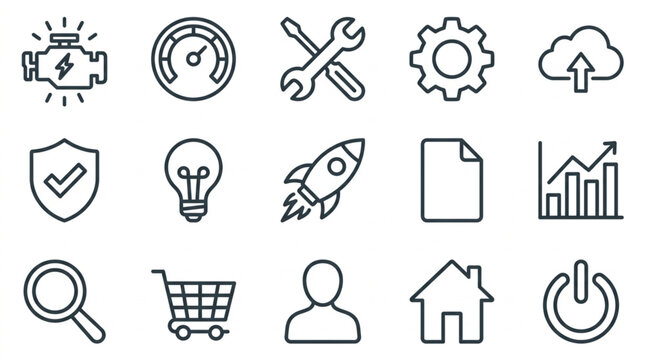 Collection of sixteen black line icons for various concepts.