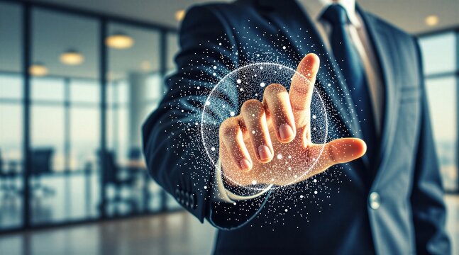 Man in suit touches glowing digital network globe with finger. Modern office background. Future tech interaction. Business connection growth. Smart network data.