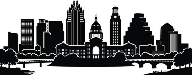 Black silhouette of the austin city skyline featuring the state capitol building dome © MstShapla