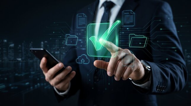 Businessman touching glowing green check mark icon on virtual screen for business approval and technology concept