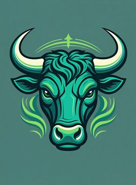 Stylized teal bull head illustration with green accents. Majestic animal face art, powerful, strong, wild. Modern graphic design for concept.