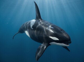 Obraz premium Orca Killer Whale Gliding Through Blue Ocean Water Sunlight Beams