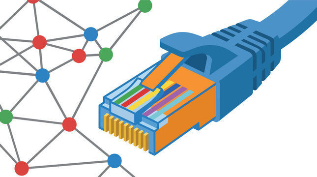 Ethernet network cable and connectivity nodes in modern flat vector illustration for information technology services