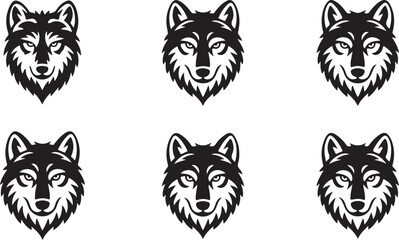 Obraz premium Set of wolf head icons, stylized vector illustrations of wolf faces, tribal style animal logos, mascot design elements for sports teams or branding