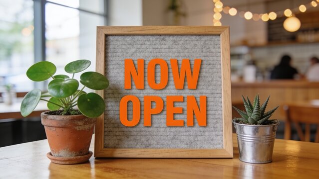 Bright sign reading Now Open in cozy indoor plant-filled caf&eacute; setting