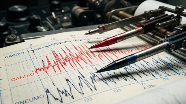 Polygraph Machine Pens Recording Waves and Cardio Chart on Paper

