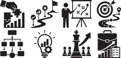 Obraz premium Business Strategy Icon Set, Growth Chart and Goal Planning Line Icons