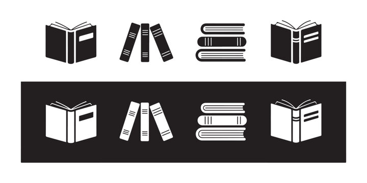 Clean vector book icons set with outline and solid variations for modern library apps and websites.