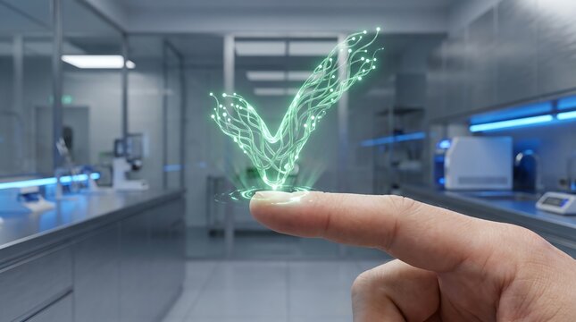 Finger activating a holographic green check mark in a modern laboratory setting
