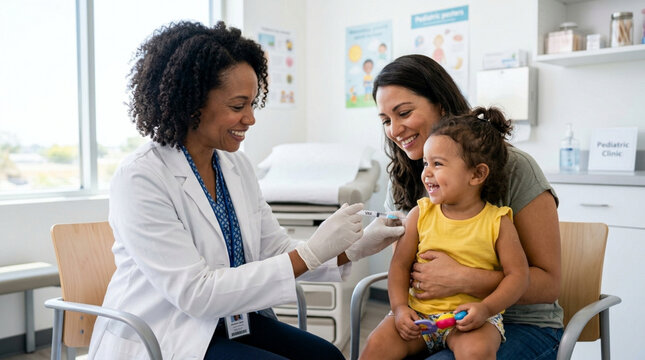 Doctor giving vaccine to happy toddler with mother at pediatrician clinic