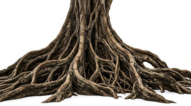 Detailed close up of large tree roots isolated on a white background.