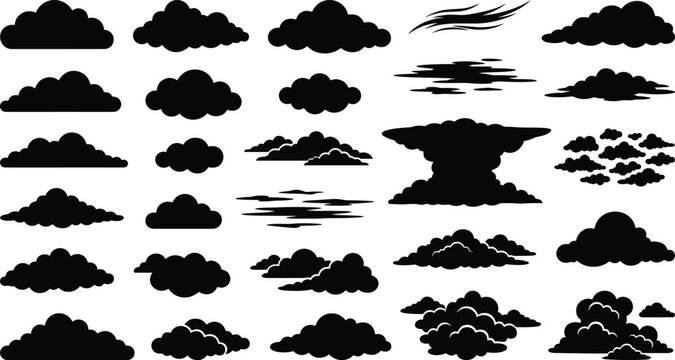 Collection of various black cloud shapes isolated on a white background, for weather