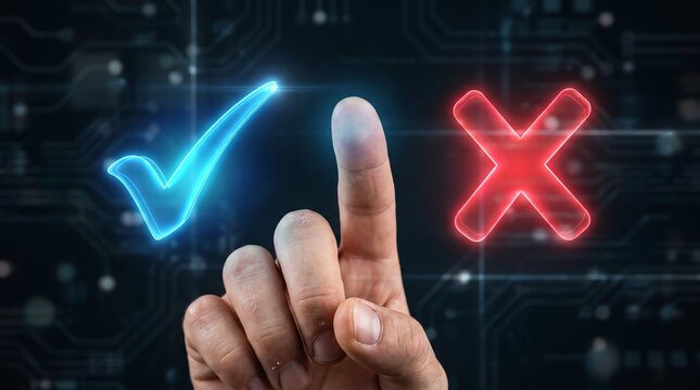 Finger pointing at digital check mark and cross symbols on circuit background for selection and decision making
