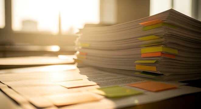 Documents Stack with Colorful Sticky Notes for Office Organization