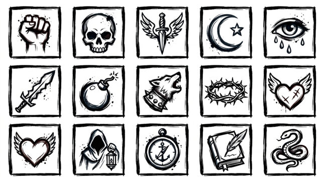 Collection of vintage tattoo style icons and symbols.