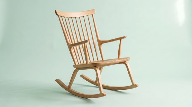 Simple wooden rocking chair on pastel green background, minimalist furniture design for home and nursery interior concept